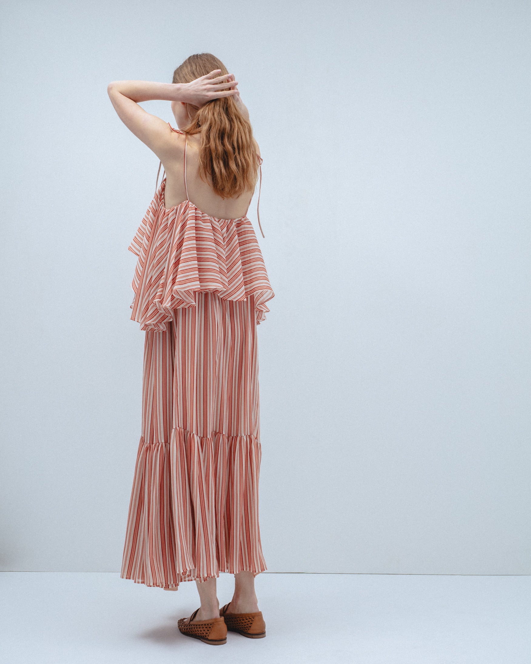 Vestido Largo Fluido Rayas Volantes