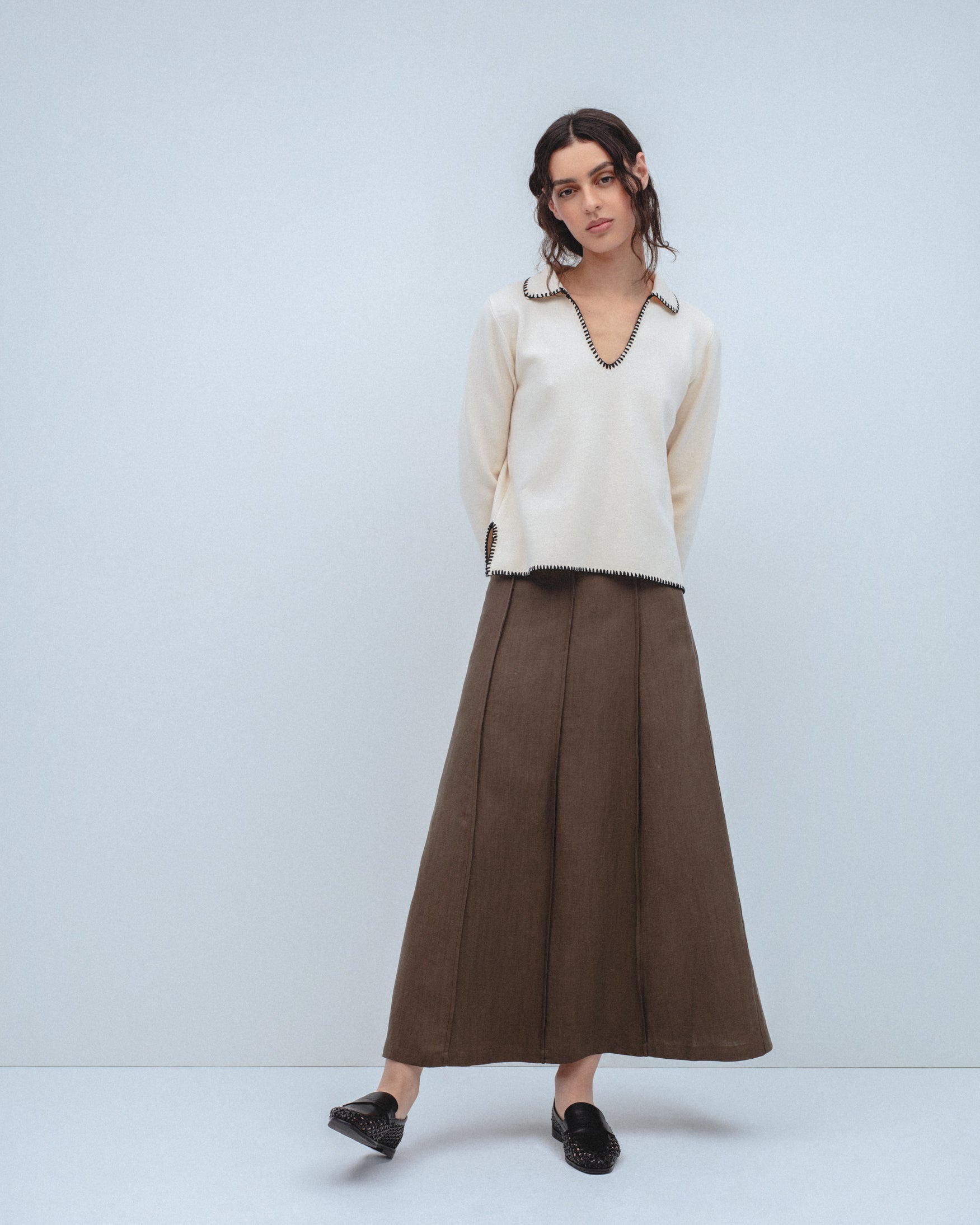 Falda Midi Cortes Mezcla Lino