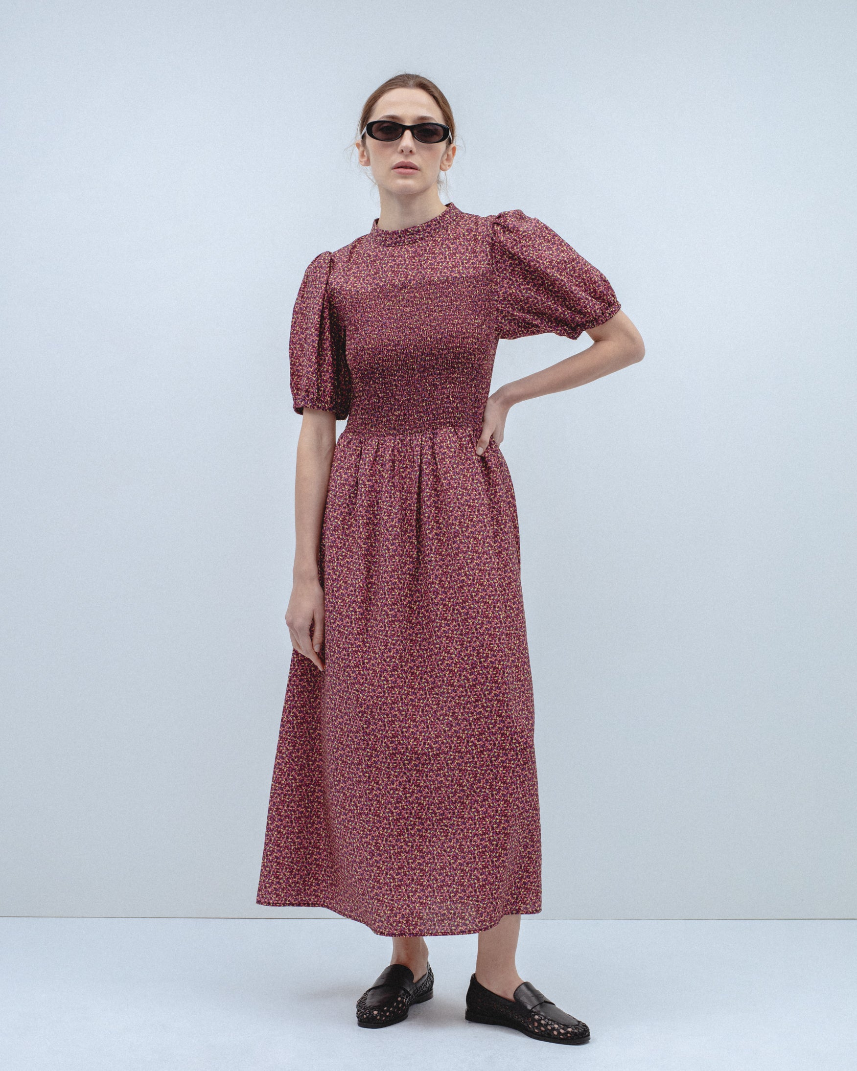 Vestido Midi Estampado Nido de Abeja Lin