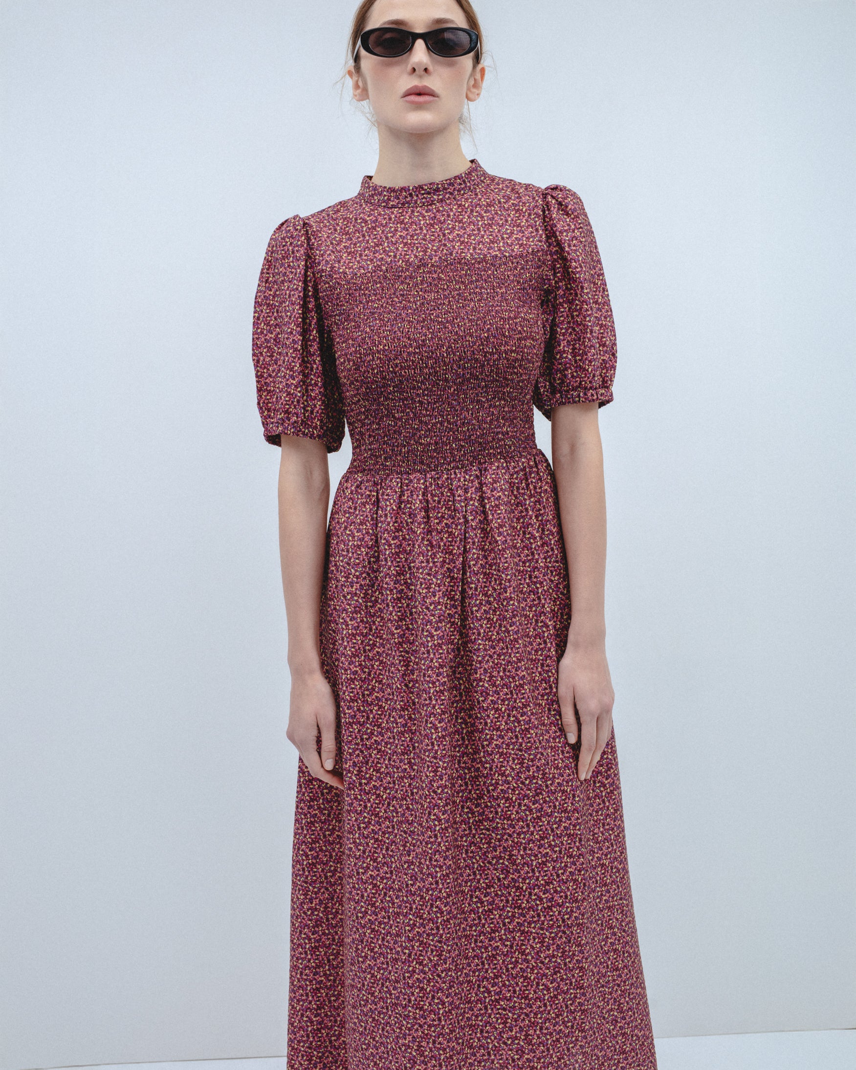 Vestido Midi Estampado Nido de Abeja Lin