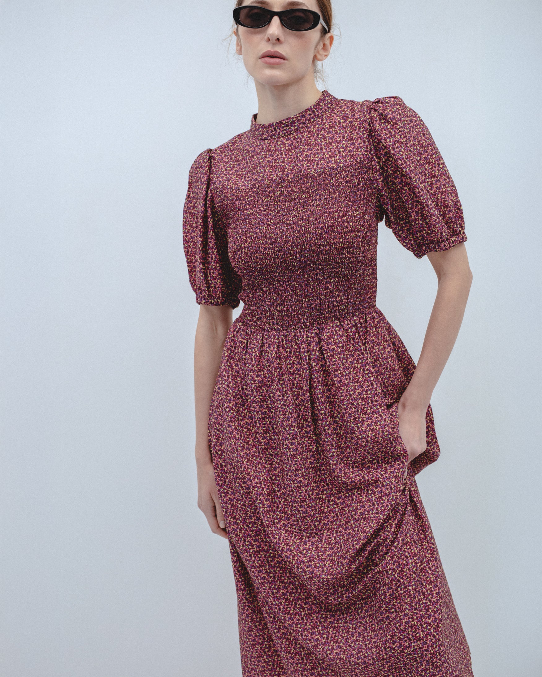 Vestido Midi Estampado Nido de Abeja Lin