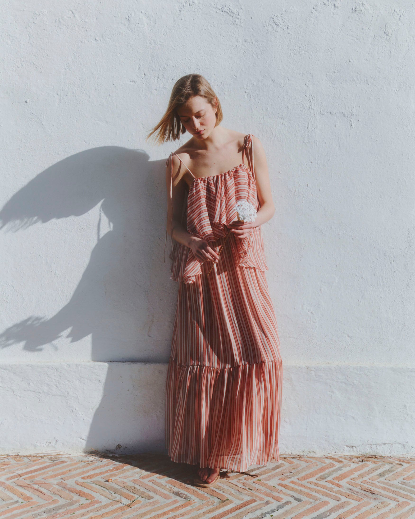 Vestido Largo Fluido Rayas Volantes