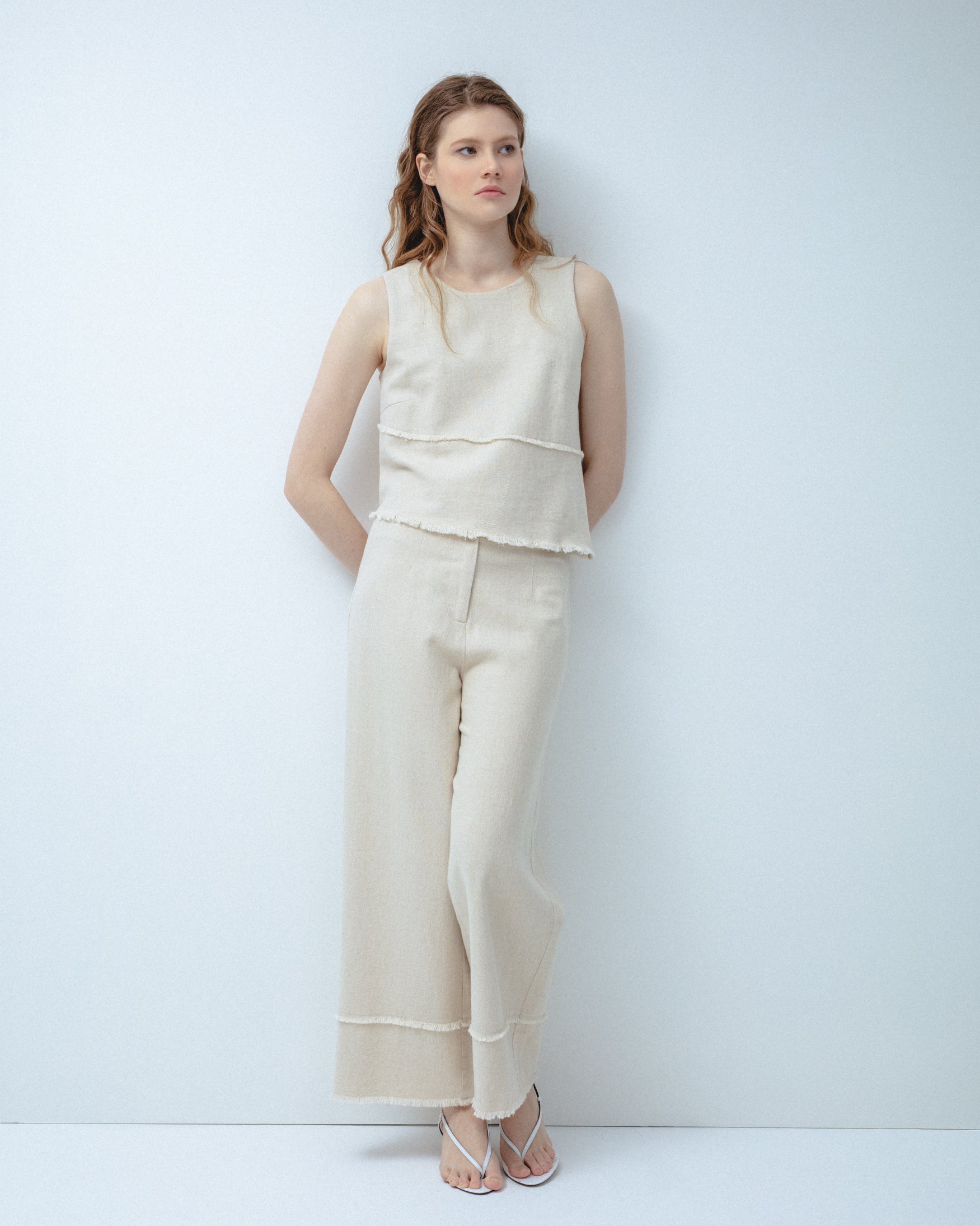 Pantalón Cortes Desflecado Lino Algodón