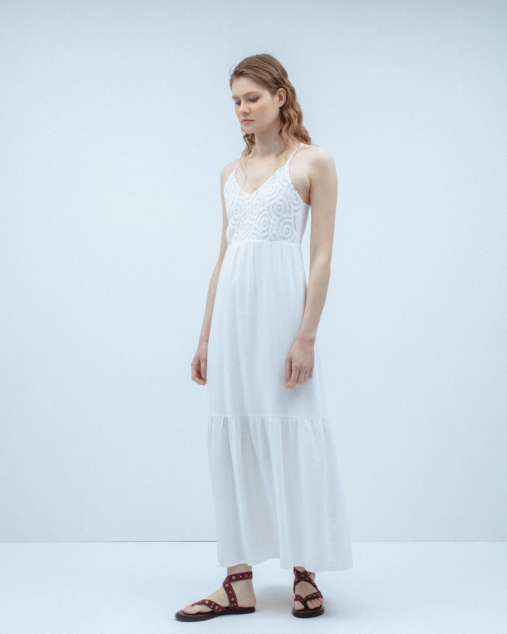 Vestido Largo Tirantes Lino Crochet