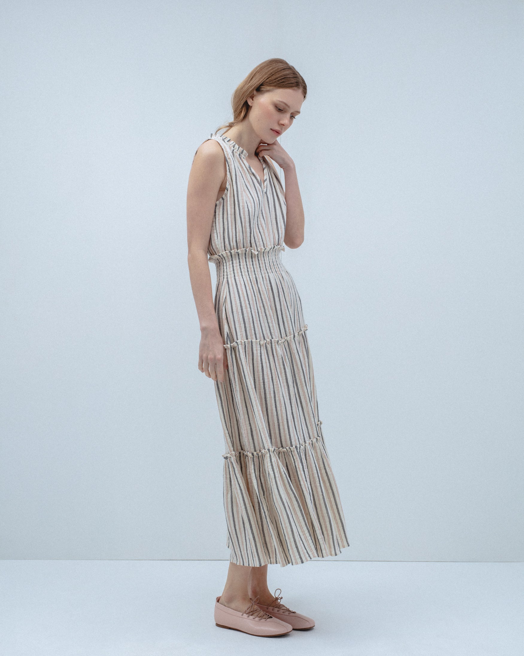 Vestido Midi Algodón Rayas Nido Abeja