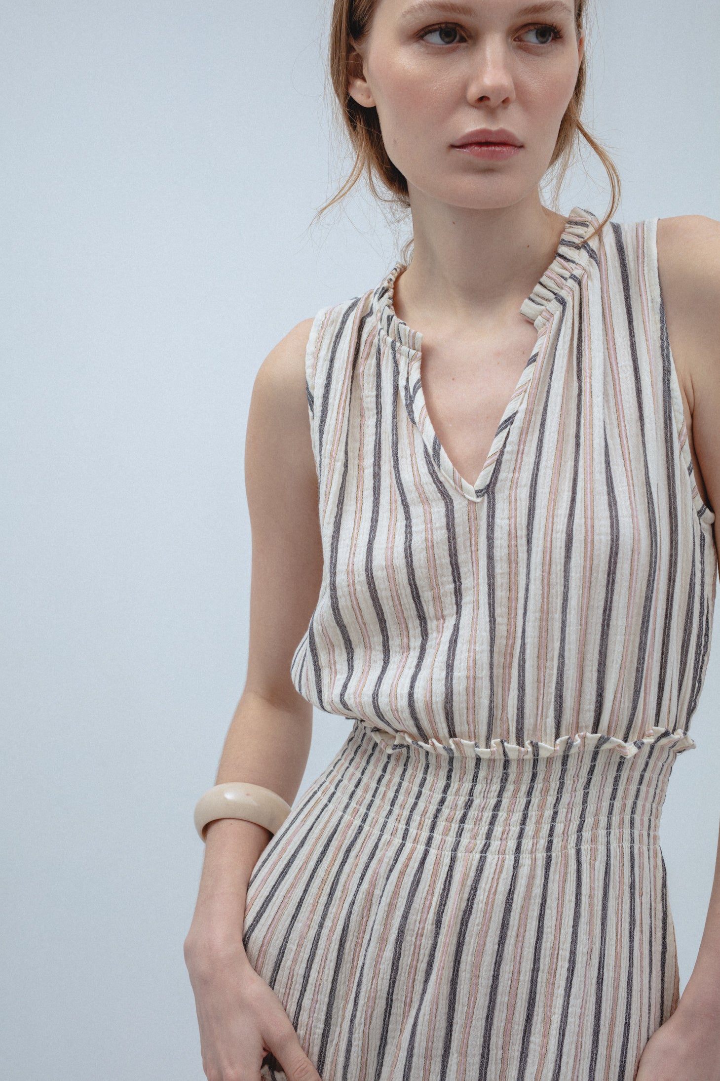 Vestido Midi Algodón Rayas Nido Abeja