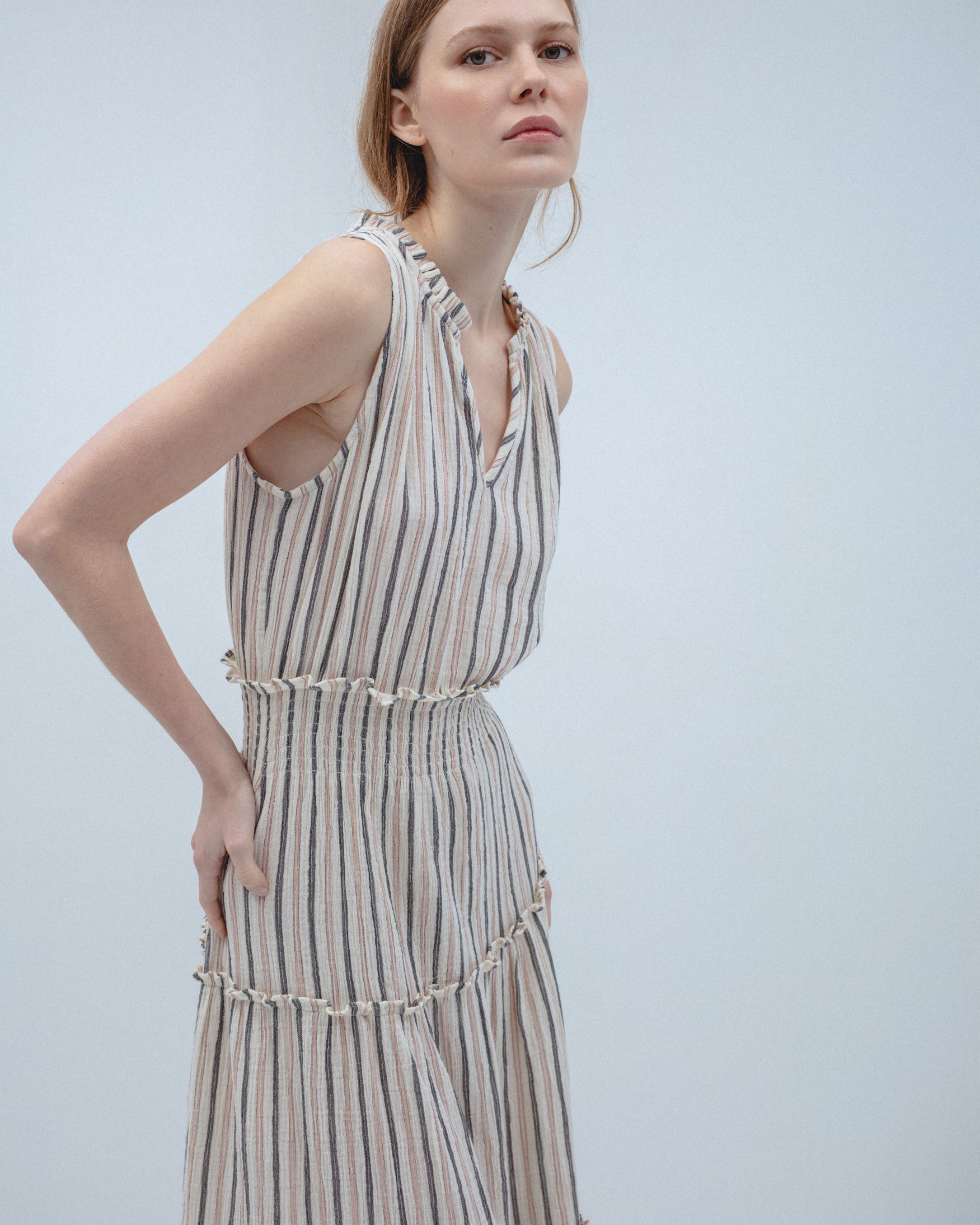 Vestido Midi Algodón Rayas Nido Abeja