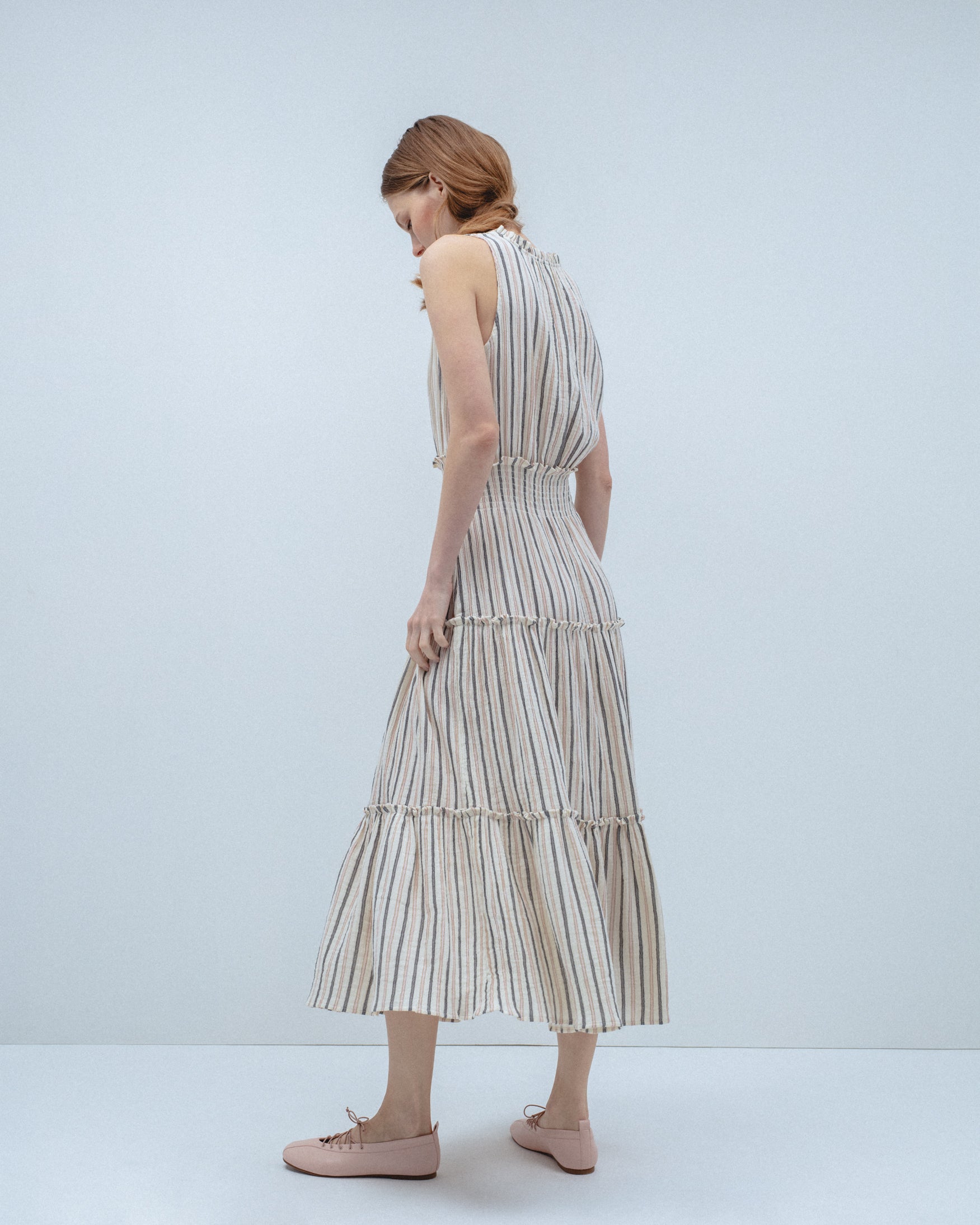 Vestido Midi Algodón Rayas Nido Abeja