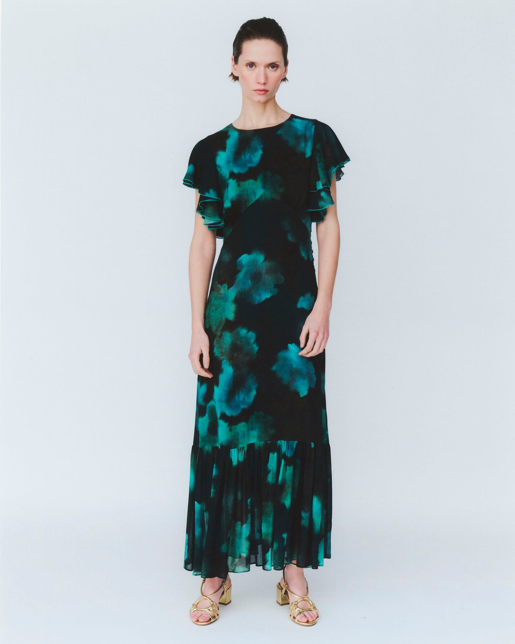 Vestido Midi Estampado Volantes Manga