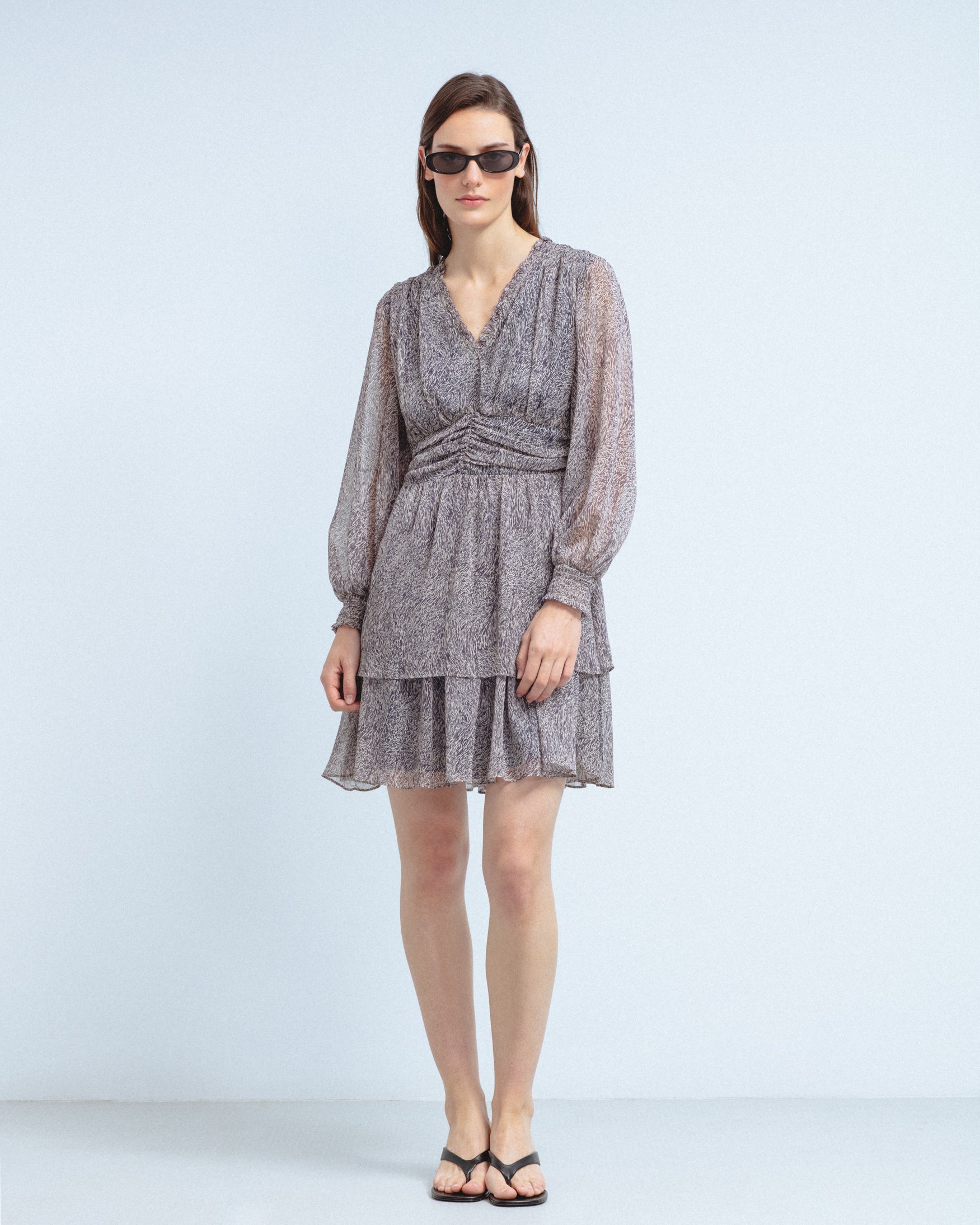 Vestido Corto Gasa Estampado Volantes