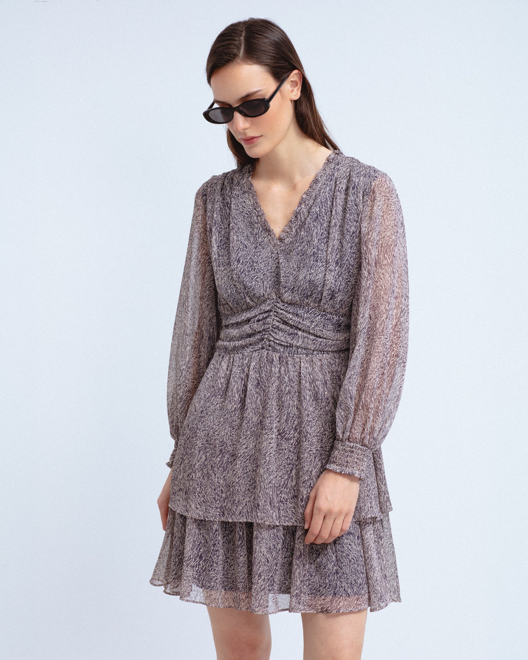 Vestido Corto Gasa Estampado Volantes
