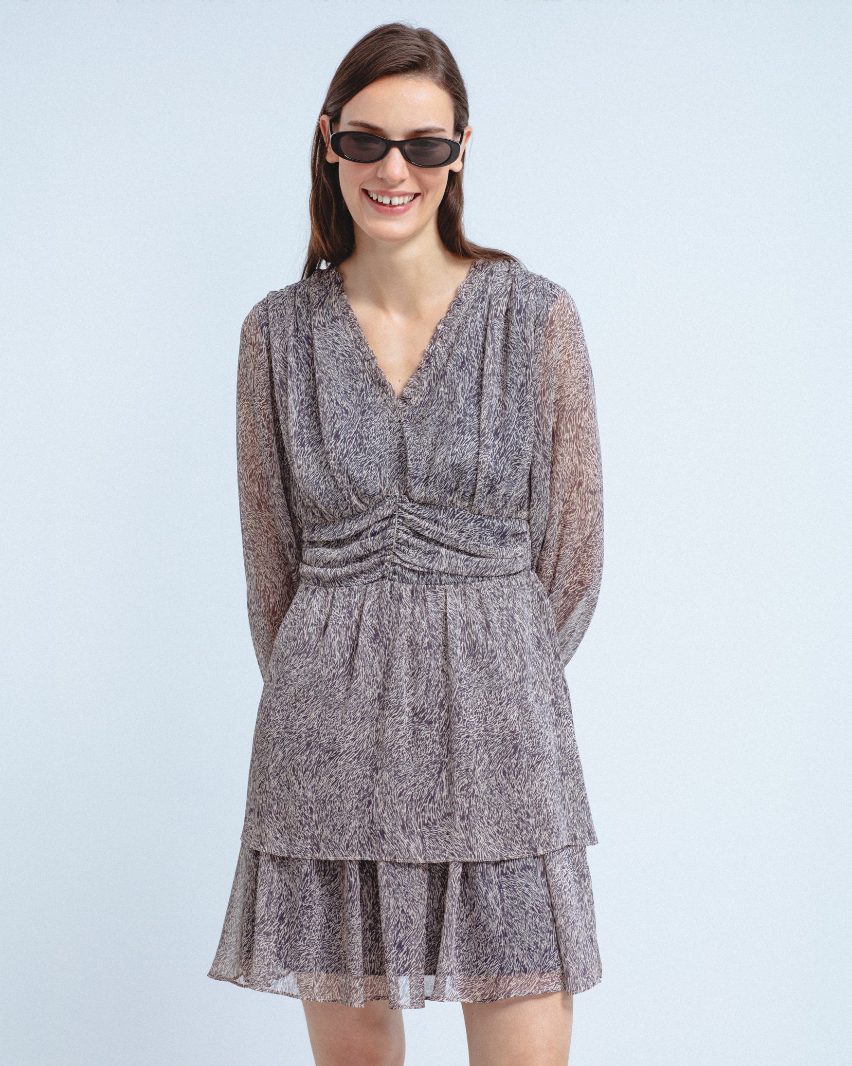 Vestido Corto Gasa Estampado Volantes