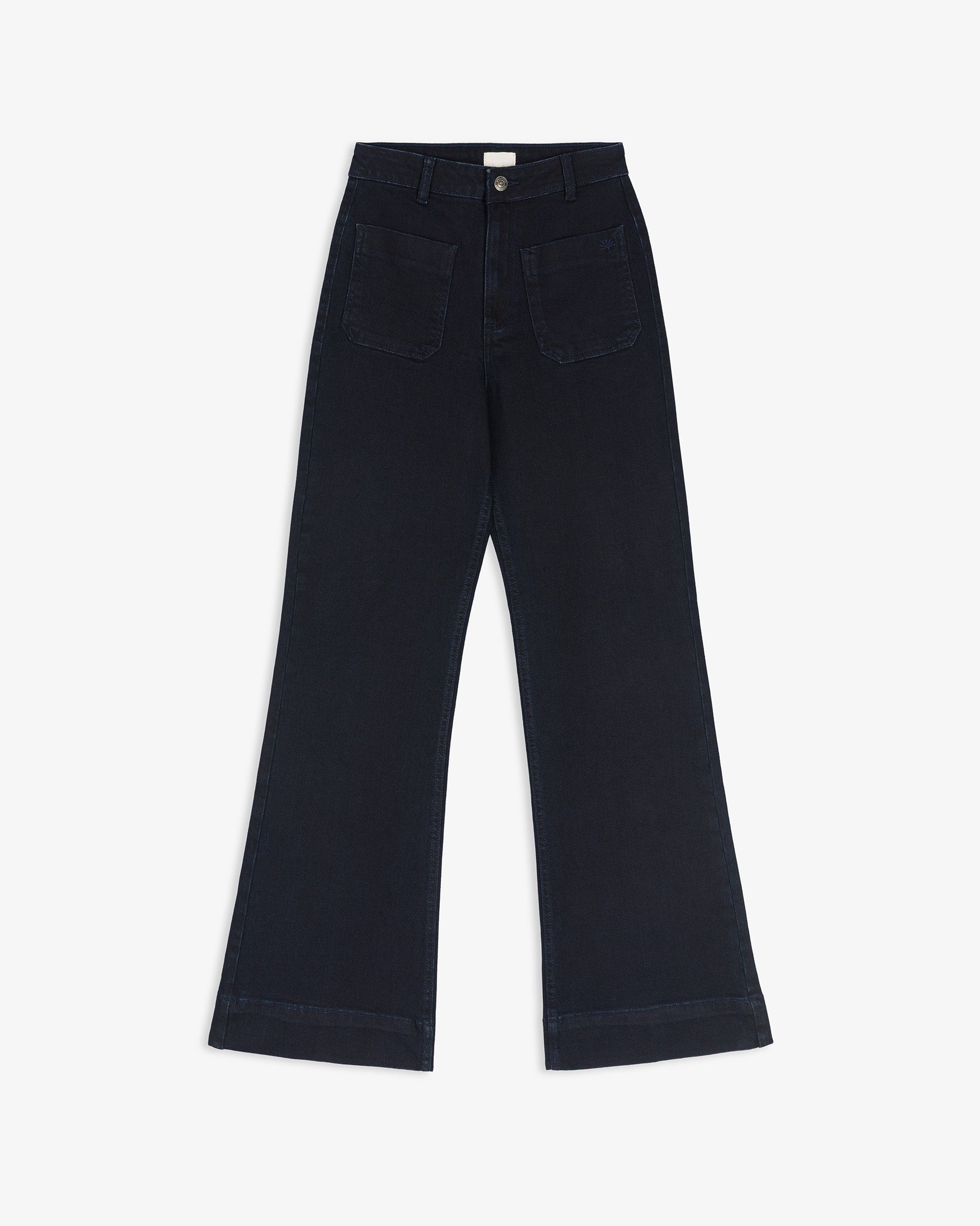 Pantalón Sarga Flare Tiro Alto Bolsillos