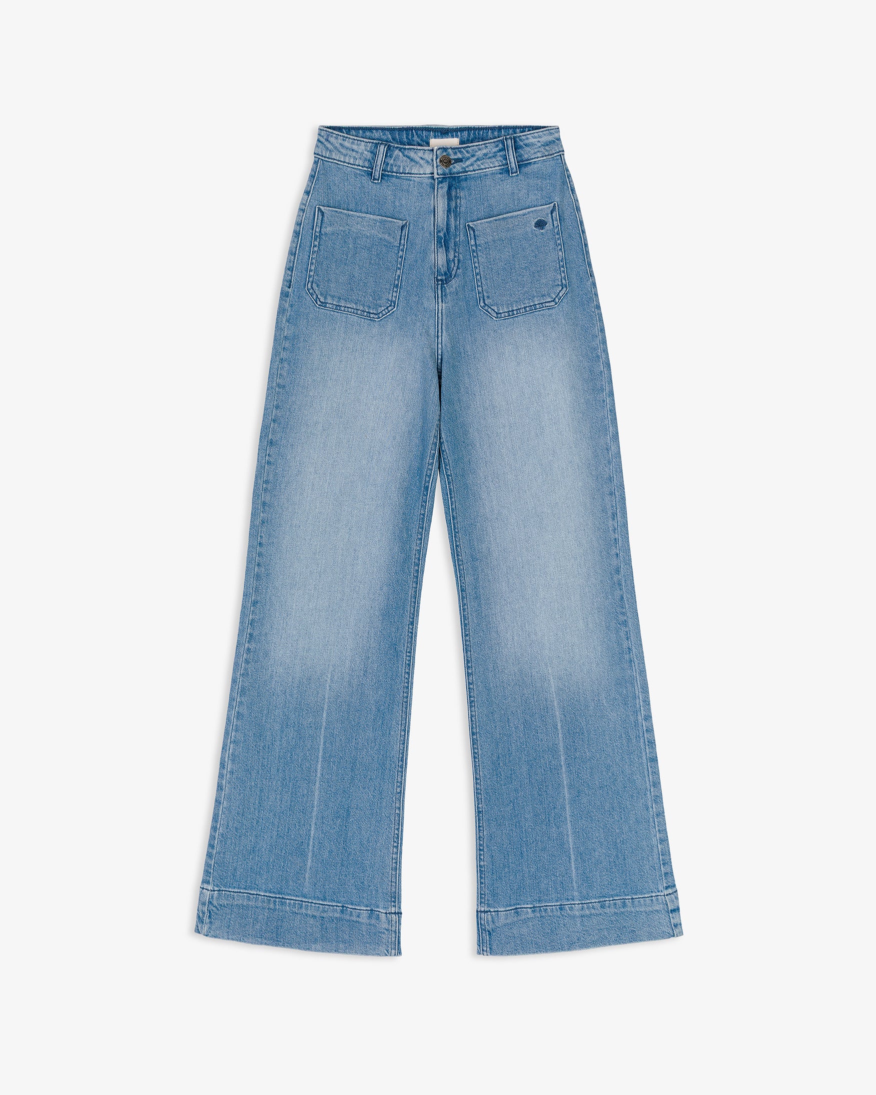Pantalón Denim Flare Tiro Alto Bolsillos