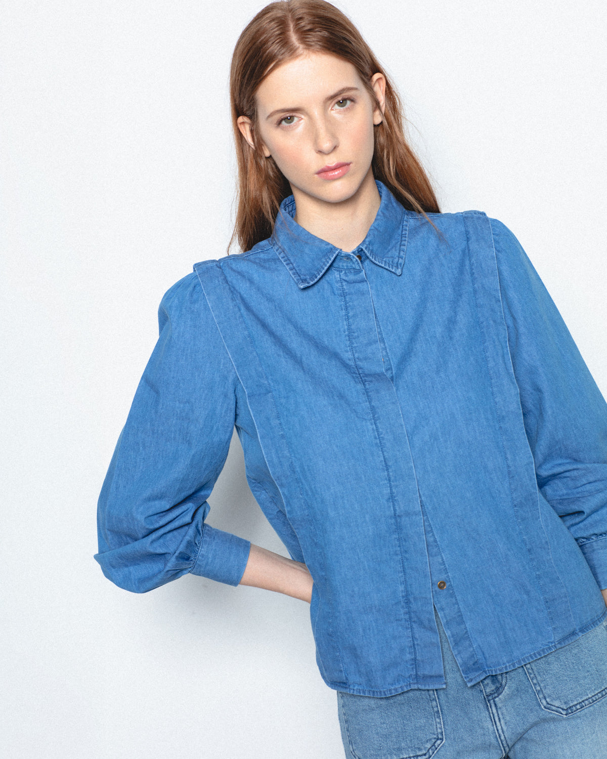 Camisa Denim Manga Abullonada